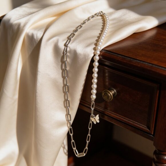 Handmade Jewelry - Paperclip chain and pearl Necklace w a Butterfly charm~ 20 in.